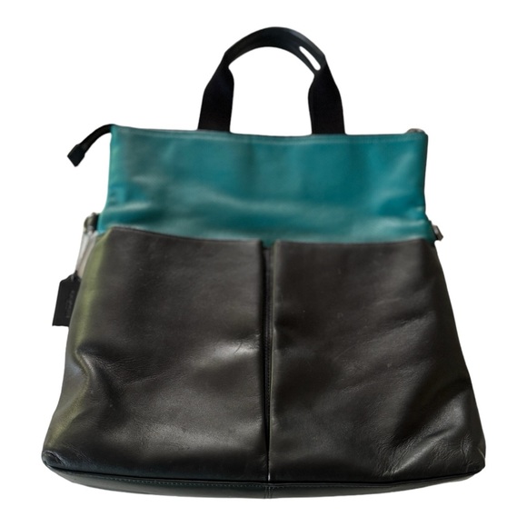 Coach Charles Perforated Leather Seagreen/Black Foldover Tote. - Picture 4 of 12